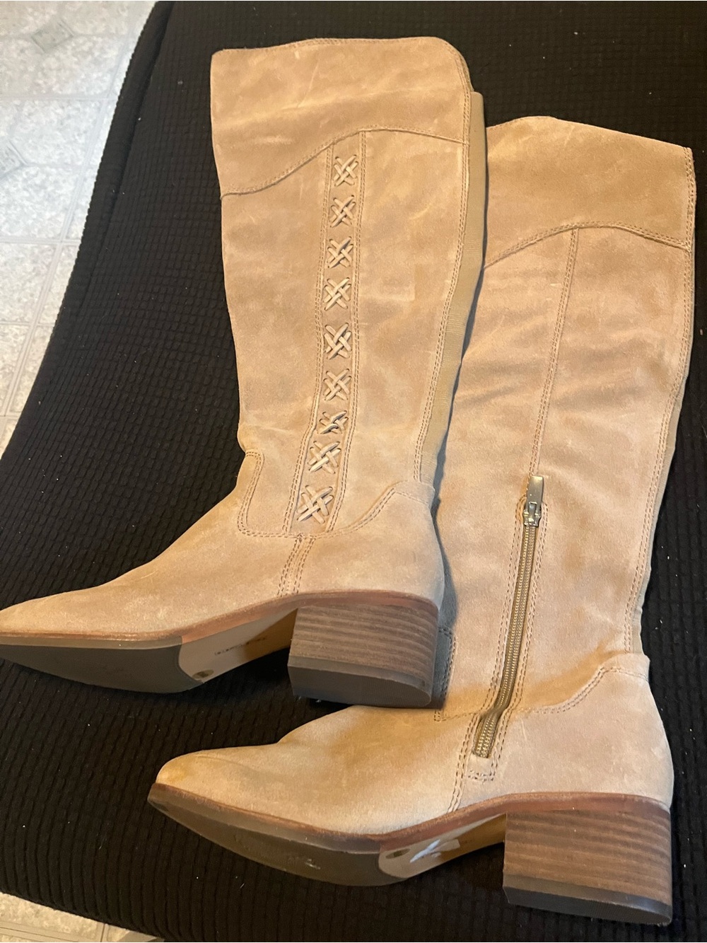 Knee-High Suede Riding Boots in Taupe